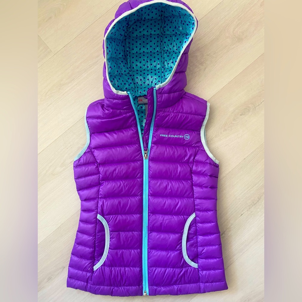 Free Country Purple Puffer Full Zip Vest Jacket Coat Girl's Size S 7/8 Hooded